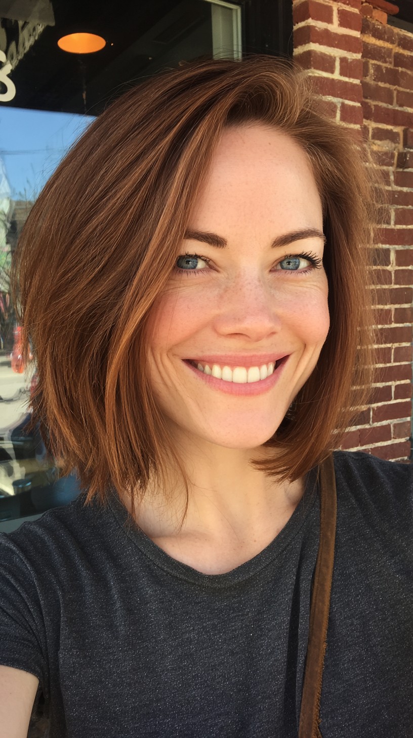 Chic Copper Layered Bob with a Soft Fringe