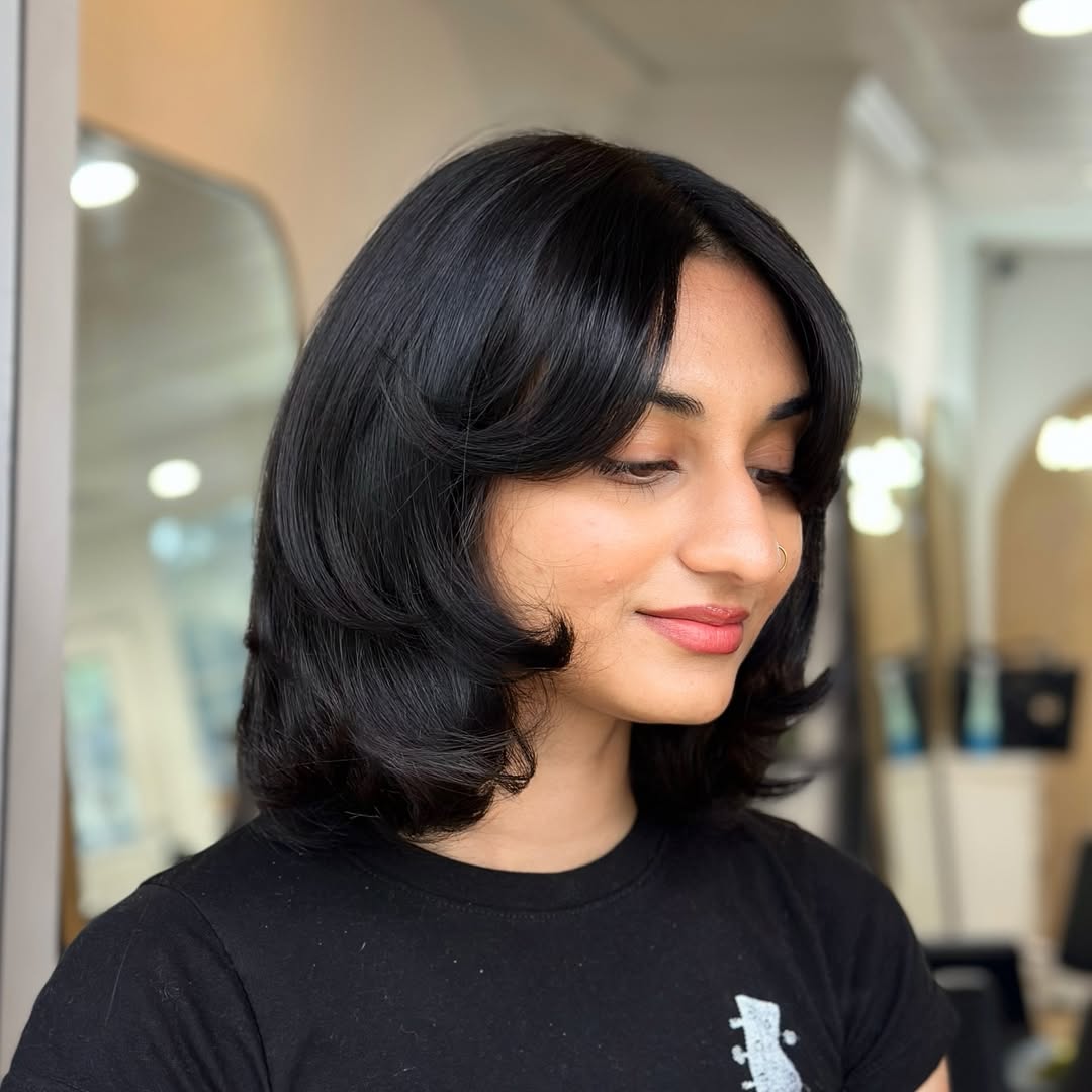 Deep Brunette Short Bob with Soft Curtain Bangs