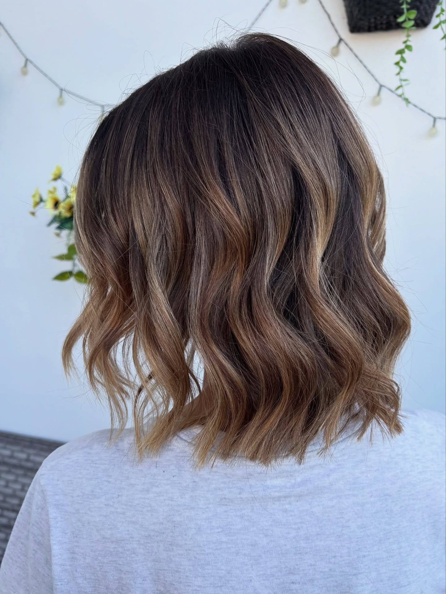 Textured Lob with Warm Caramel Balayage