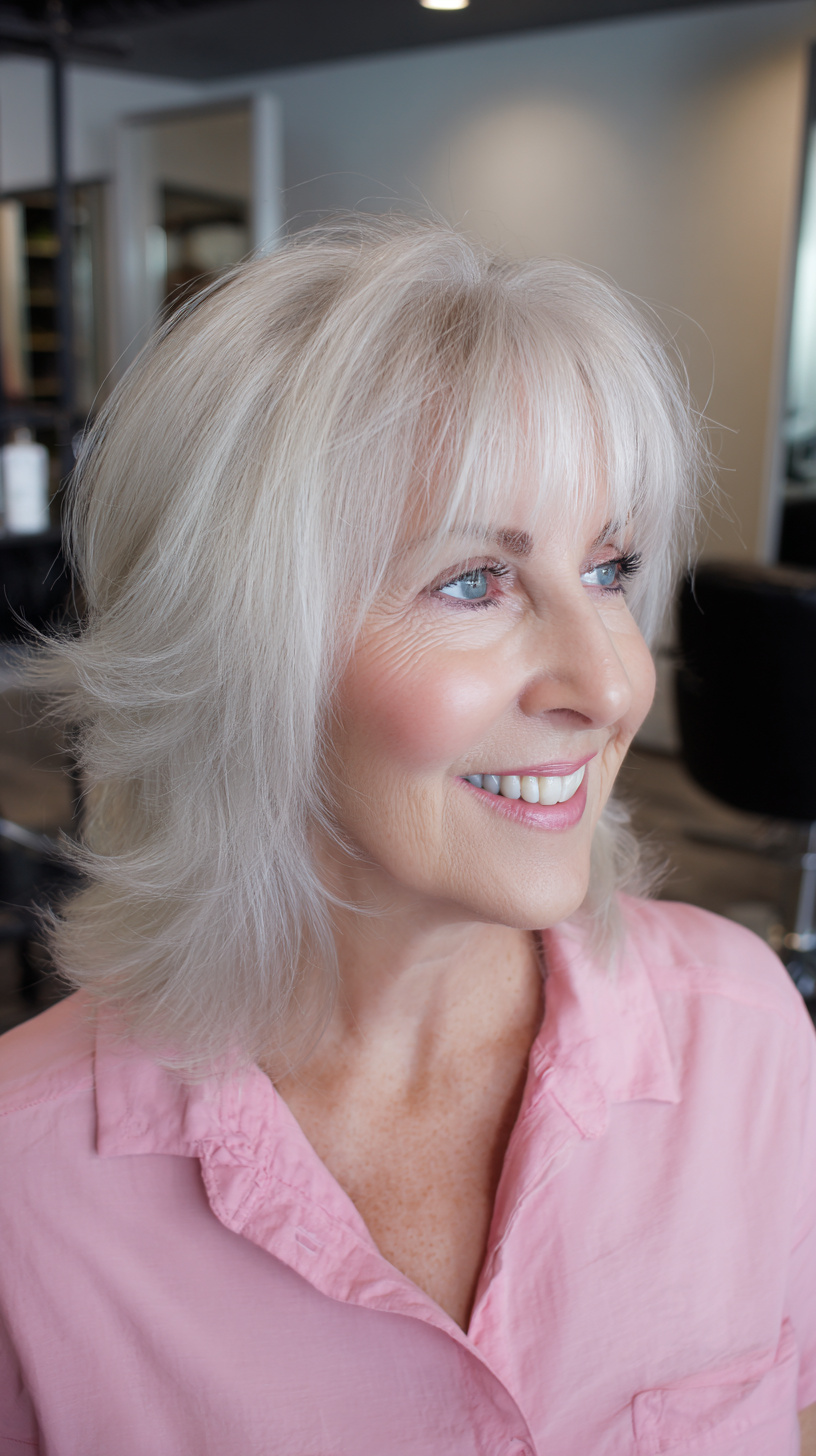 Softly Layered Silver Cut with Wispy Bangs