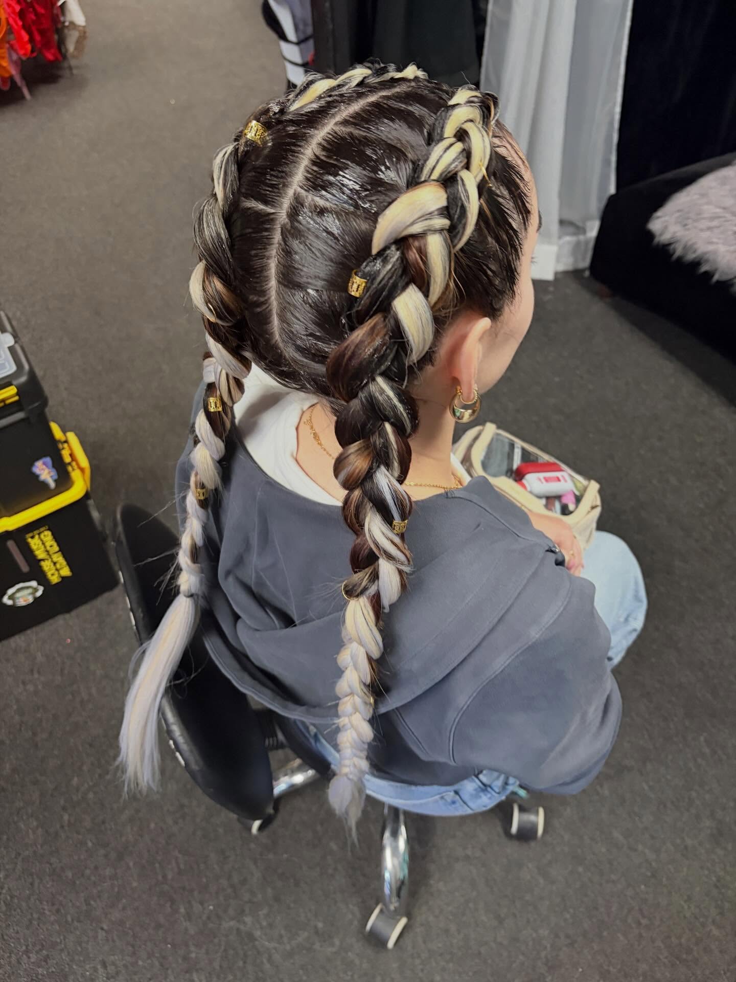Stylish Dual-Tone Braided Pigtails with Decorative Accents
