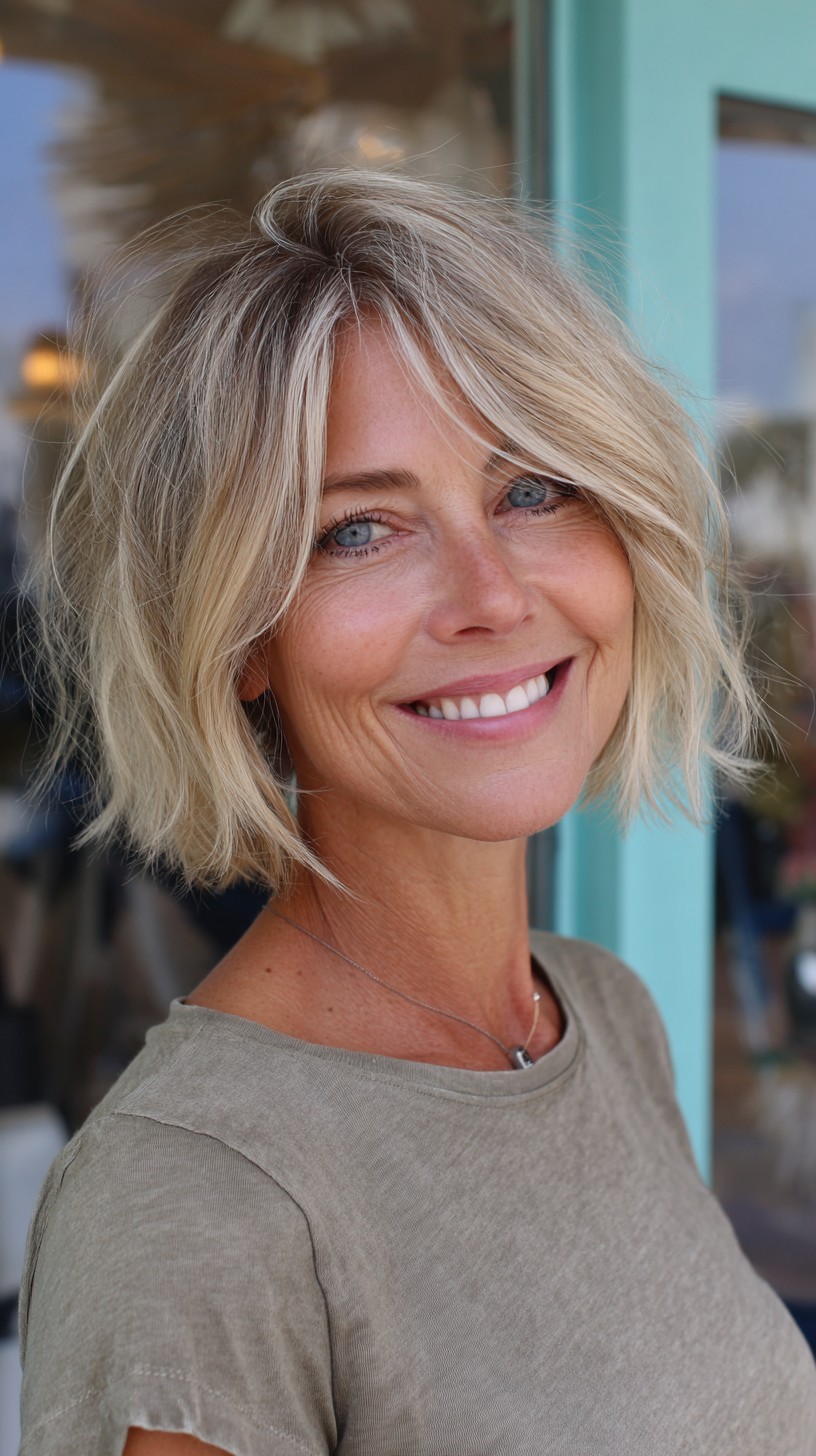 Ashy Blonde Choppy Chin-Length Bob with Side-Swept Curtain Fringe