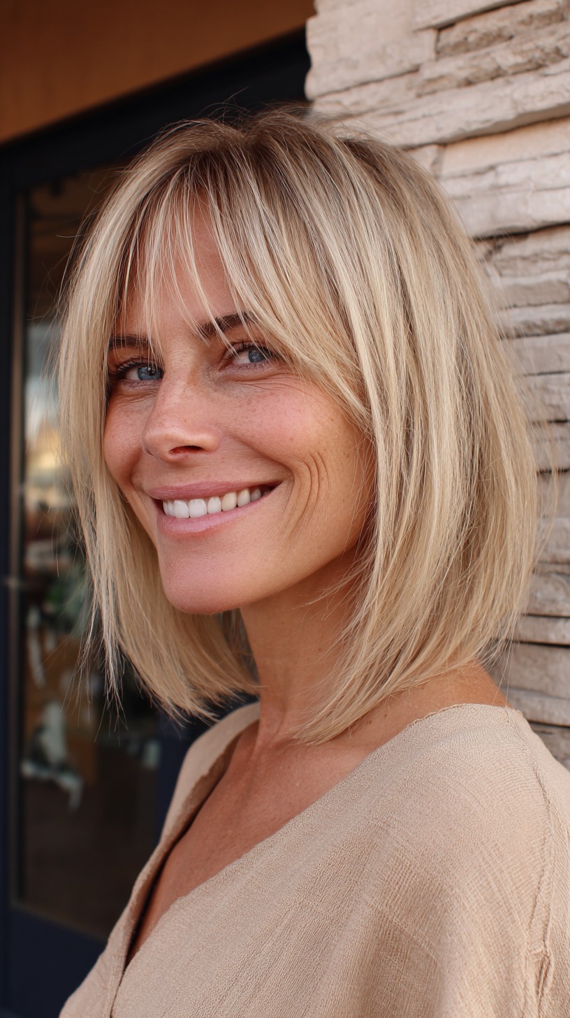 Beige-Rooted Blunt Lob with Feathered Curtain Fringe