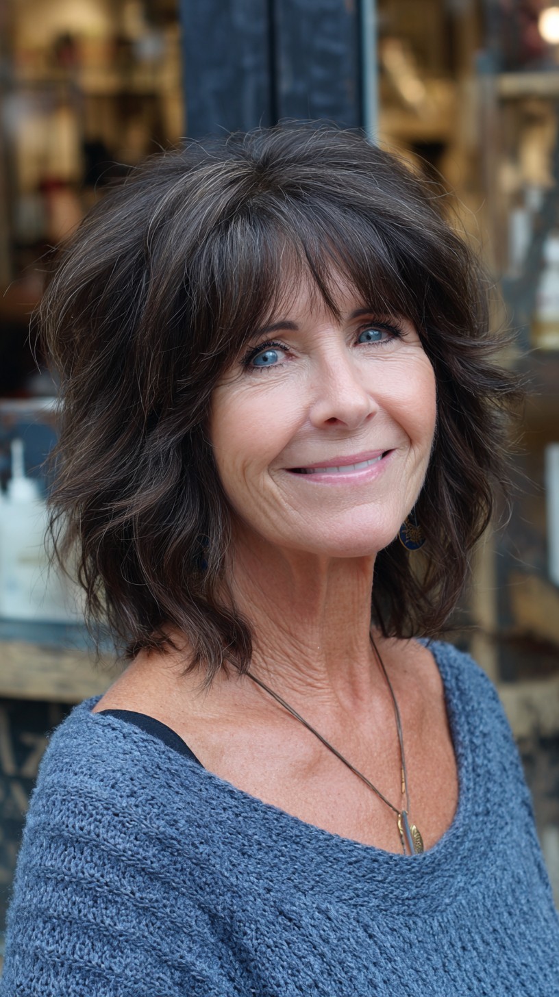 Brunette Wispy Shag with Soft Feathered Fringe