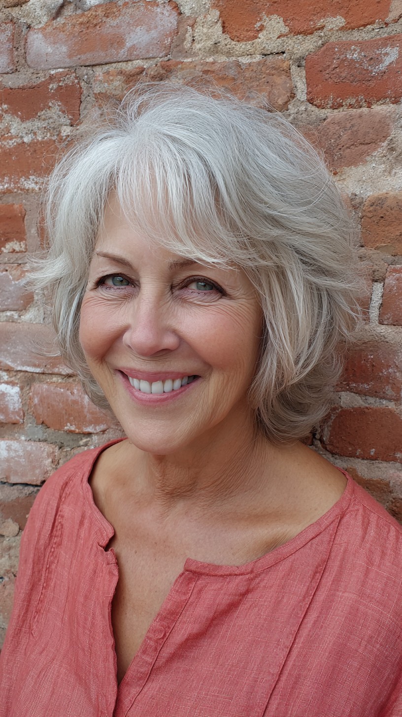 Brushed-Back Silver Short Bob with Lifted Crown and Wispy Micro-Fringe