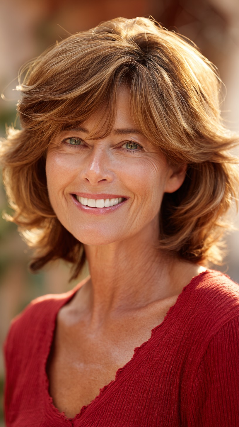 Chestnut Layered Shag with Voluminous Crown and Soft Curtain Fringe