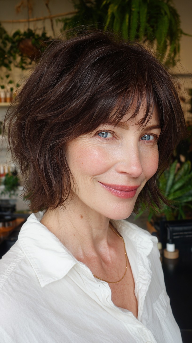 Chic Brunette Textured Bob with Feathered Curtain Fringe