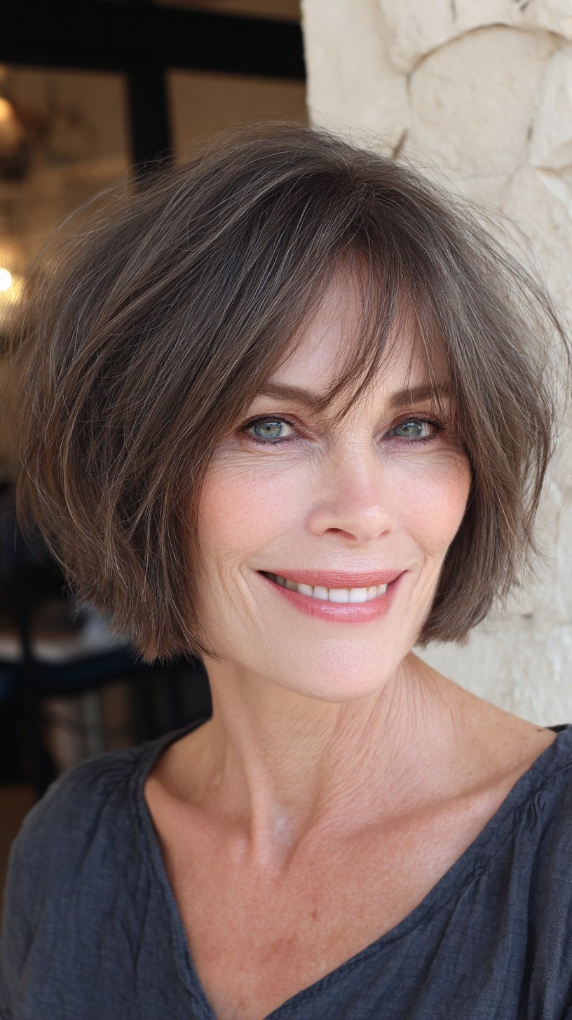 Chopped Chin-Length Bob with Airy Piecey Curtain Bangs
