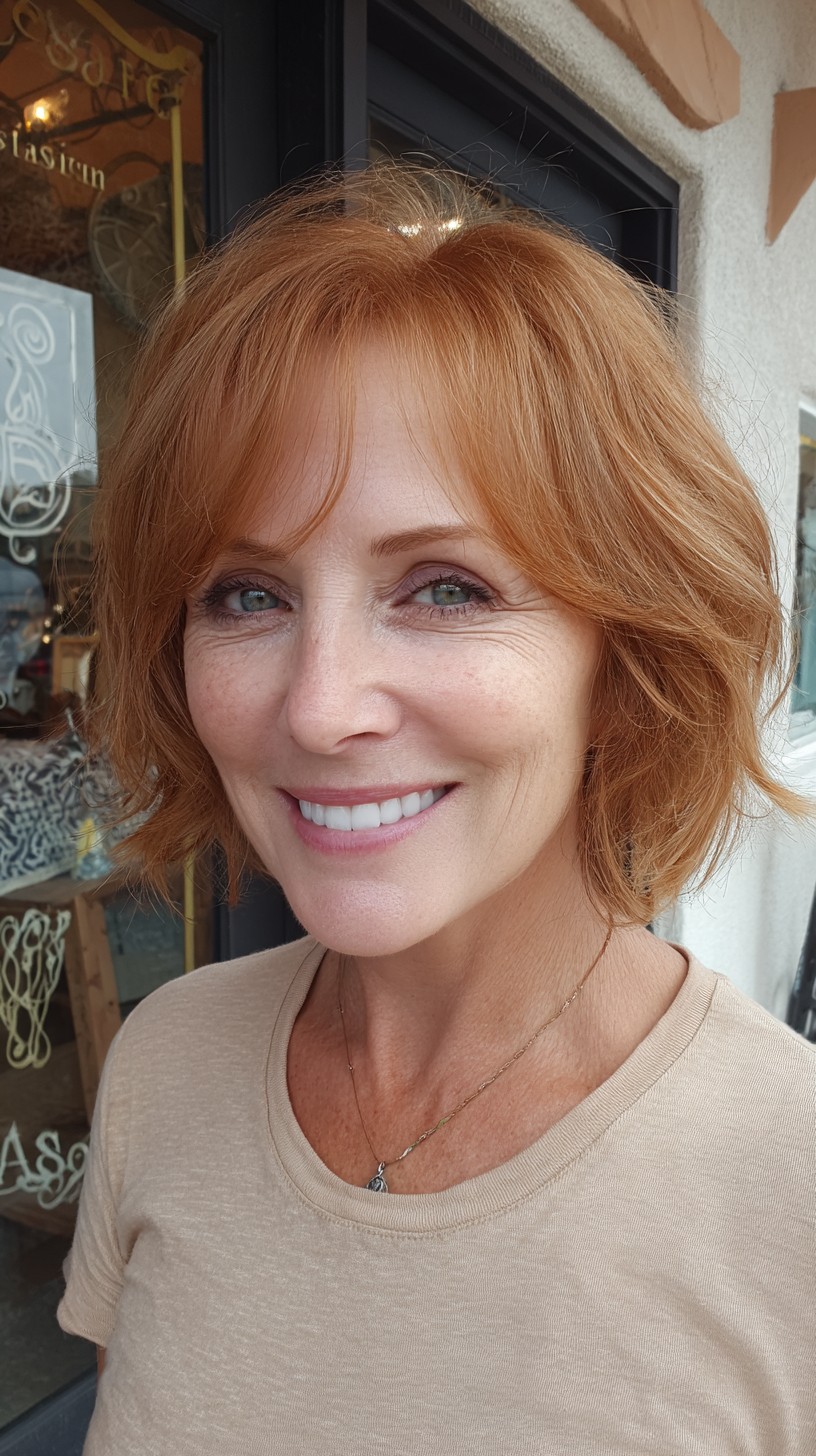 Choppy Copper Short Bob with Face-Framing Curtain Bangs