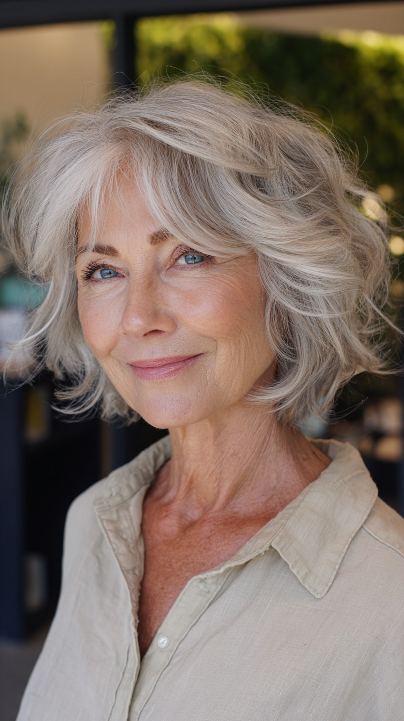 Feathered Silver Shag with Soft Curtain Fringe and Lifted Crown