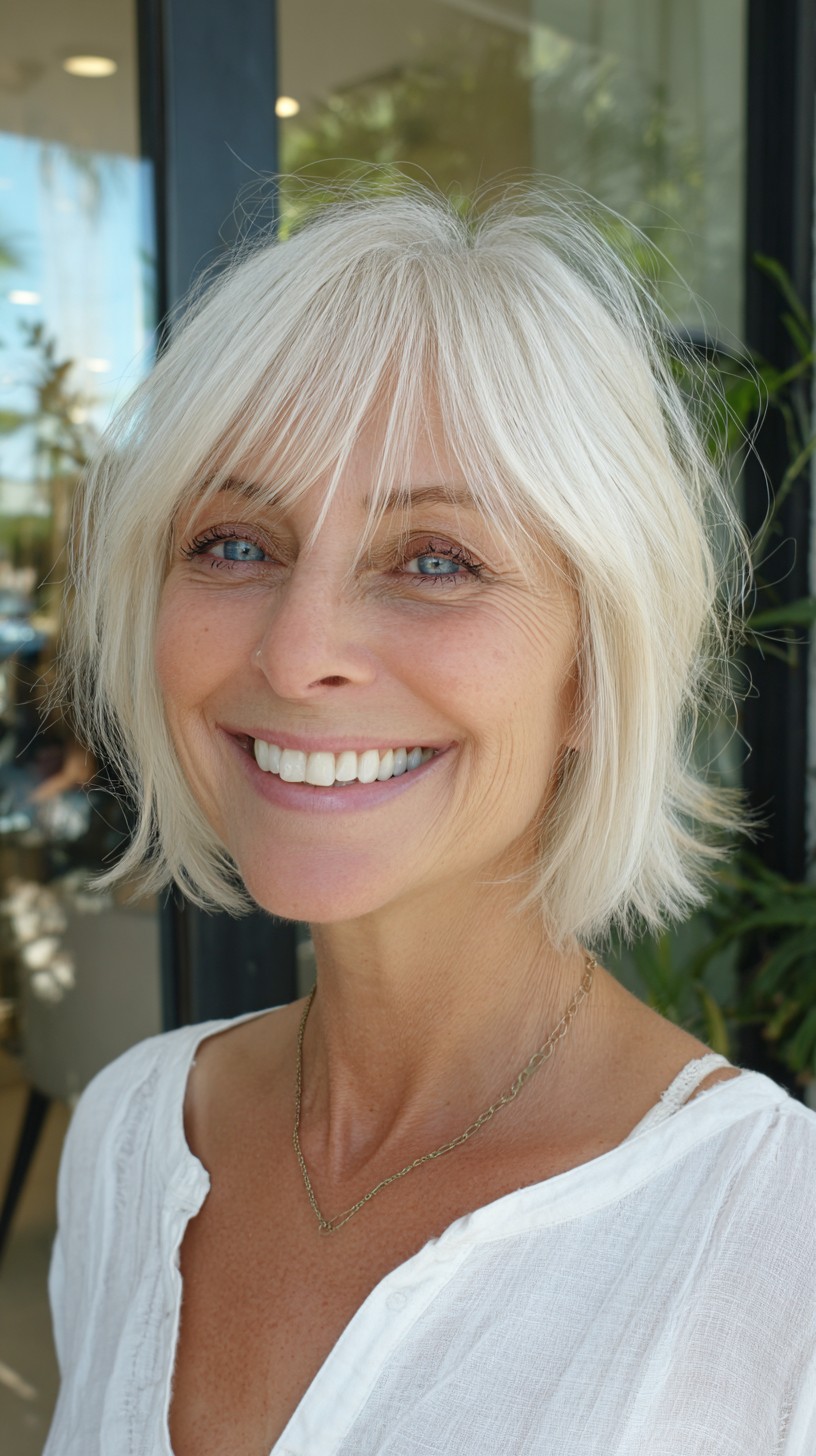 Icy Platinum Chin-Length Bob with Soft Razored Curtain Fringe