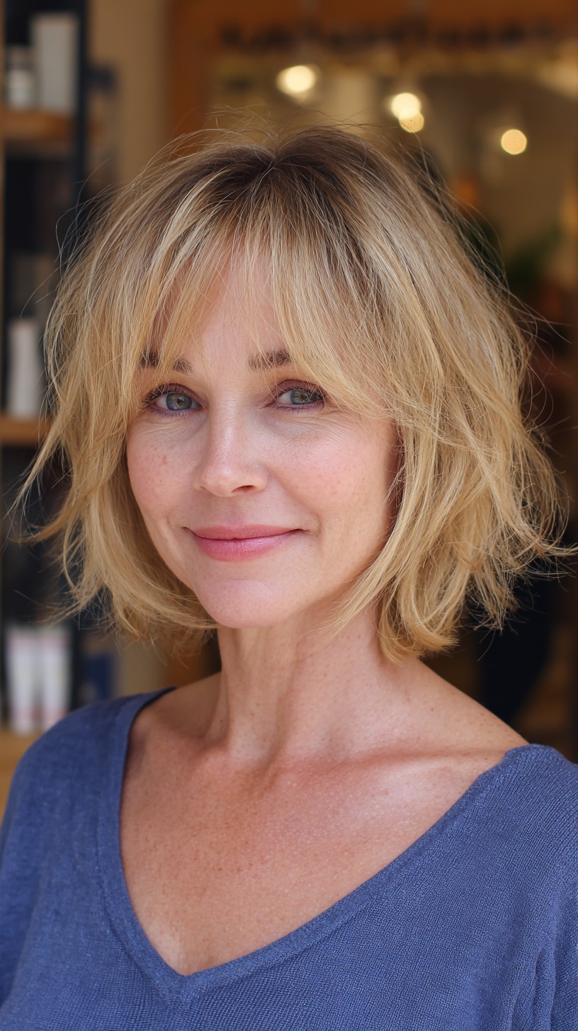 Layered Wispy Chin-Length Bob with Blended Curtain Fringe