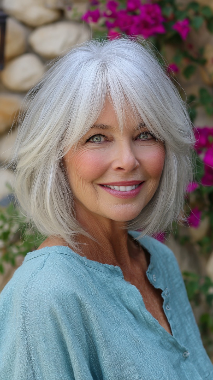 Light Silver Textured Bob with Short Curtain Fringe
