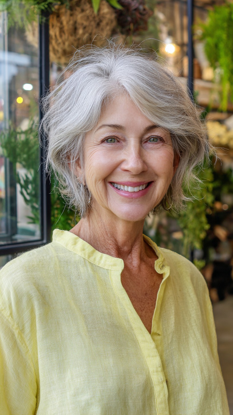 Silver Feathered Layered Bob with Face-Framing Curtain