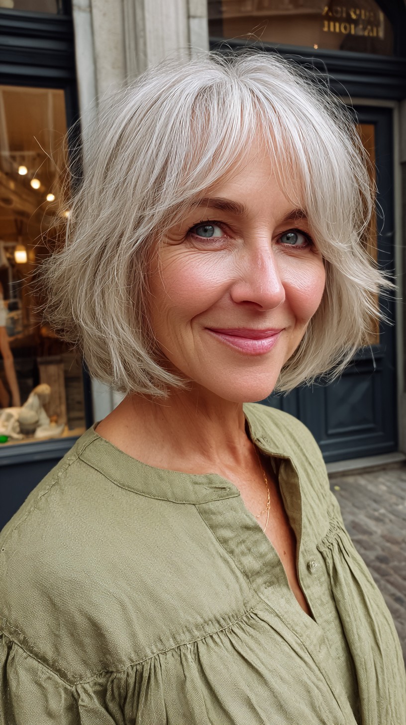 Silver Layered Chin-Length Bob with Airy Curtain Fringe