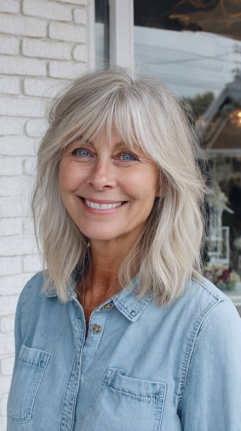 Silver Textured Shoulder-Length Shag with Wispy Fringe