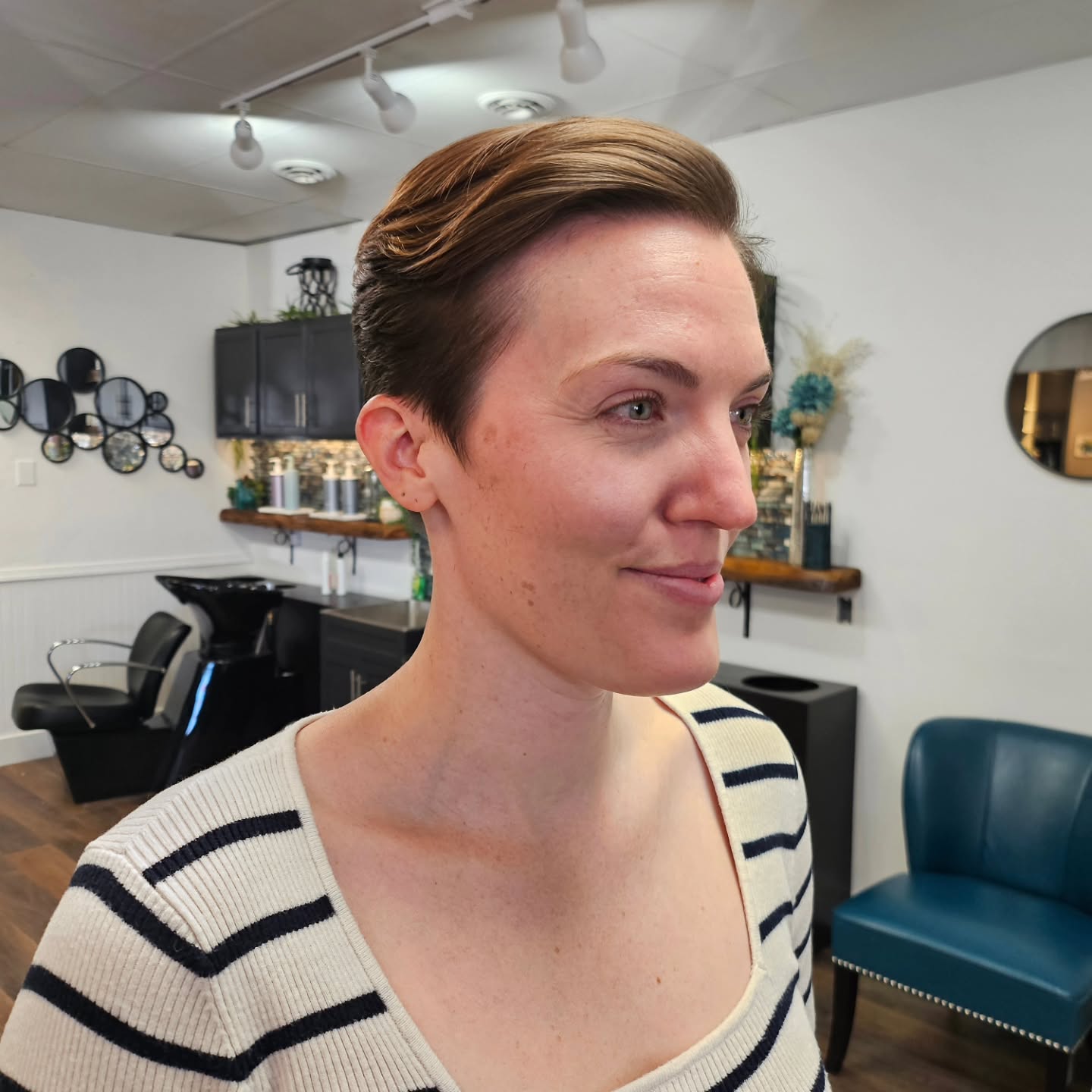 Sleek Tapered Pixie with Long, Swept-Back Top in Warm Highlighted Brown