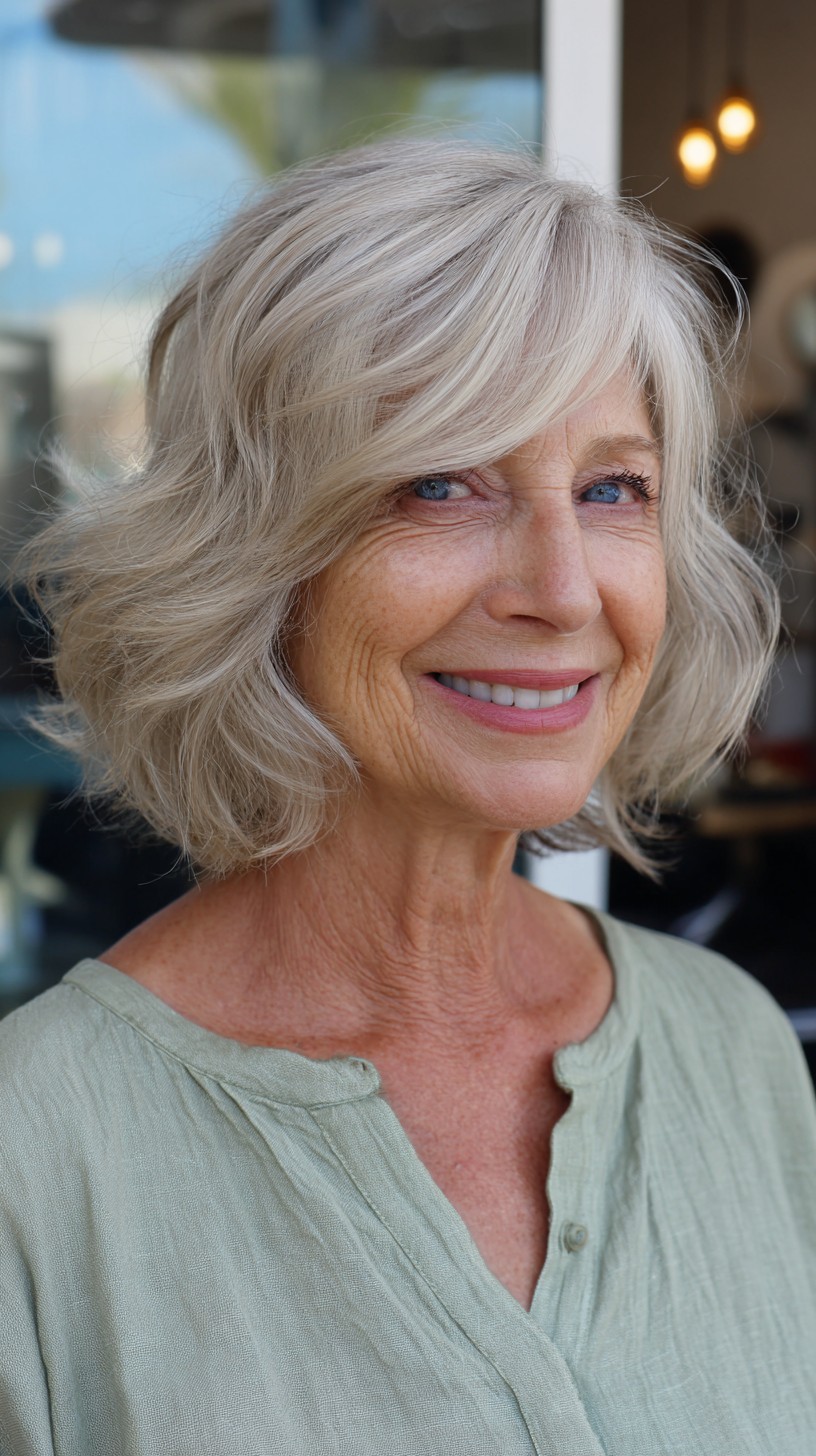 Soft Airy Silver Bob with Face-Framing Side Fringe