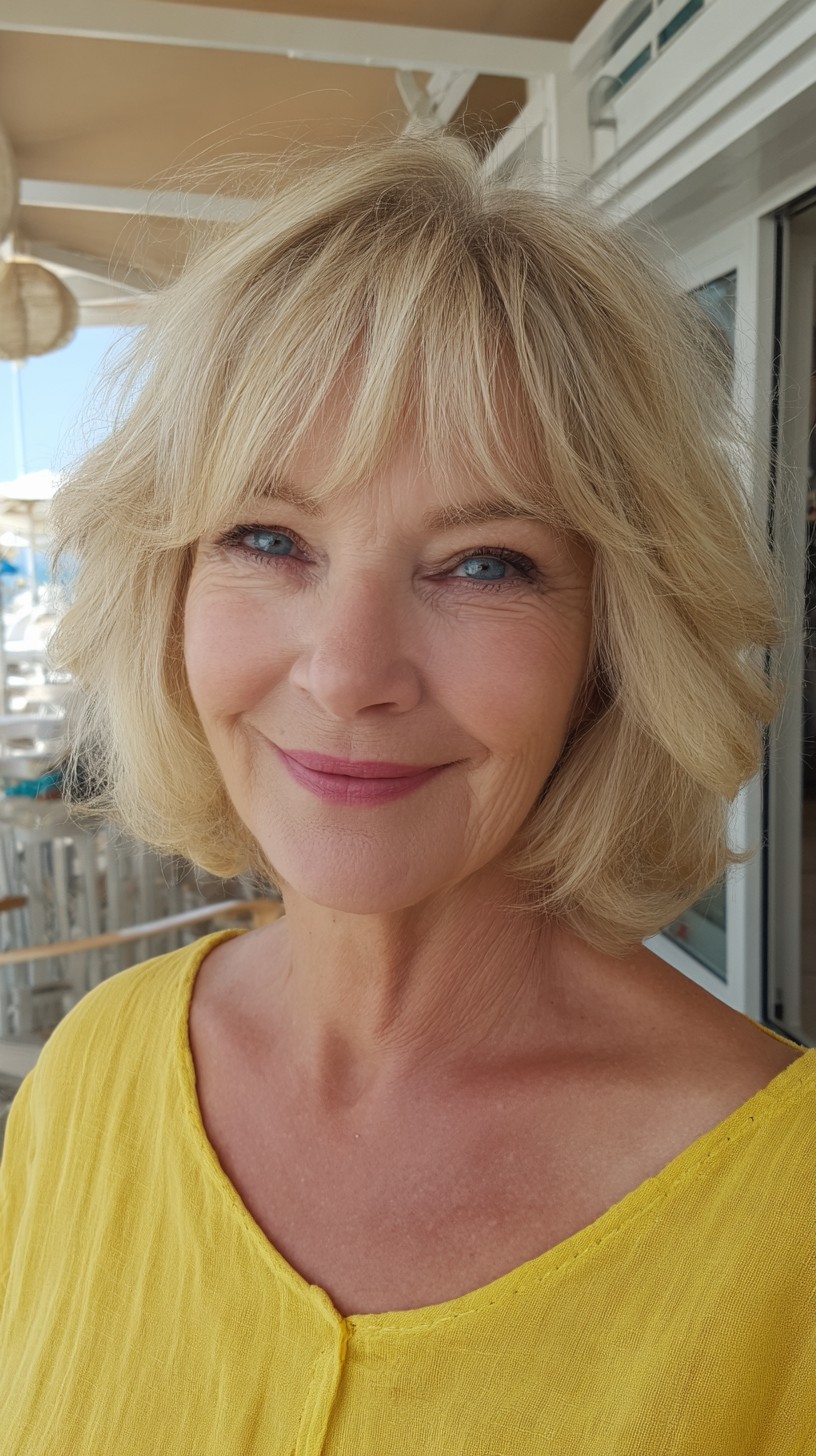 Soft Blonde Rounded Shag with Short Curtain Fringe