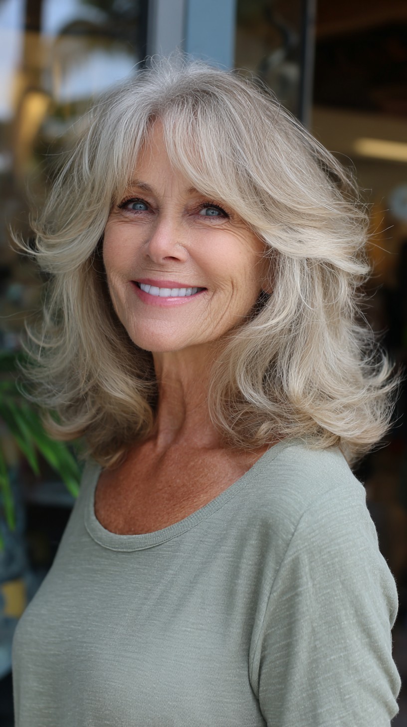 Soft Silver Layered Shag with Flipped Ends and Curtain Fringe