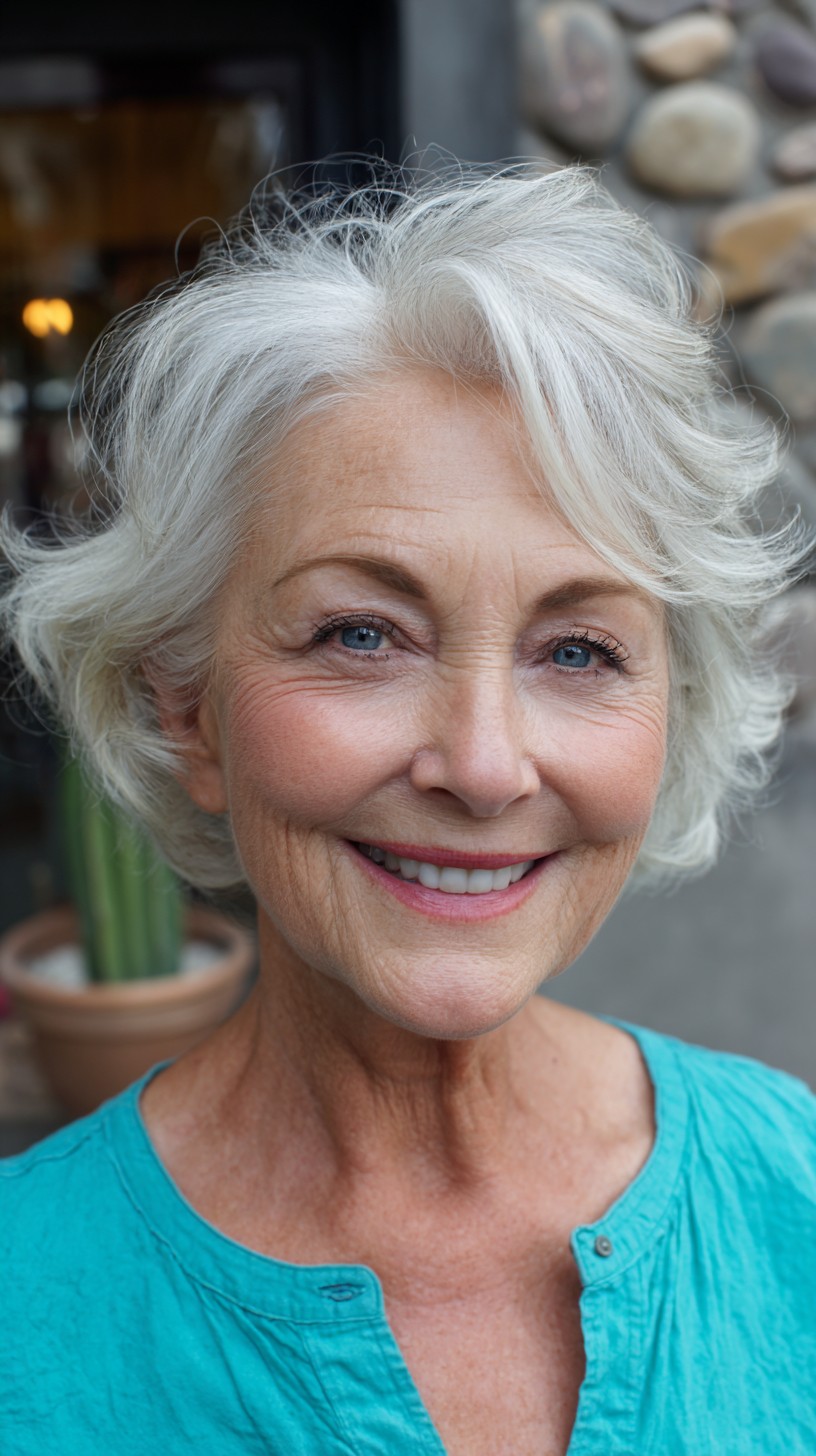 Soft Silver Short Shag with Lifted Crown and Side-Swept Feathered Layers