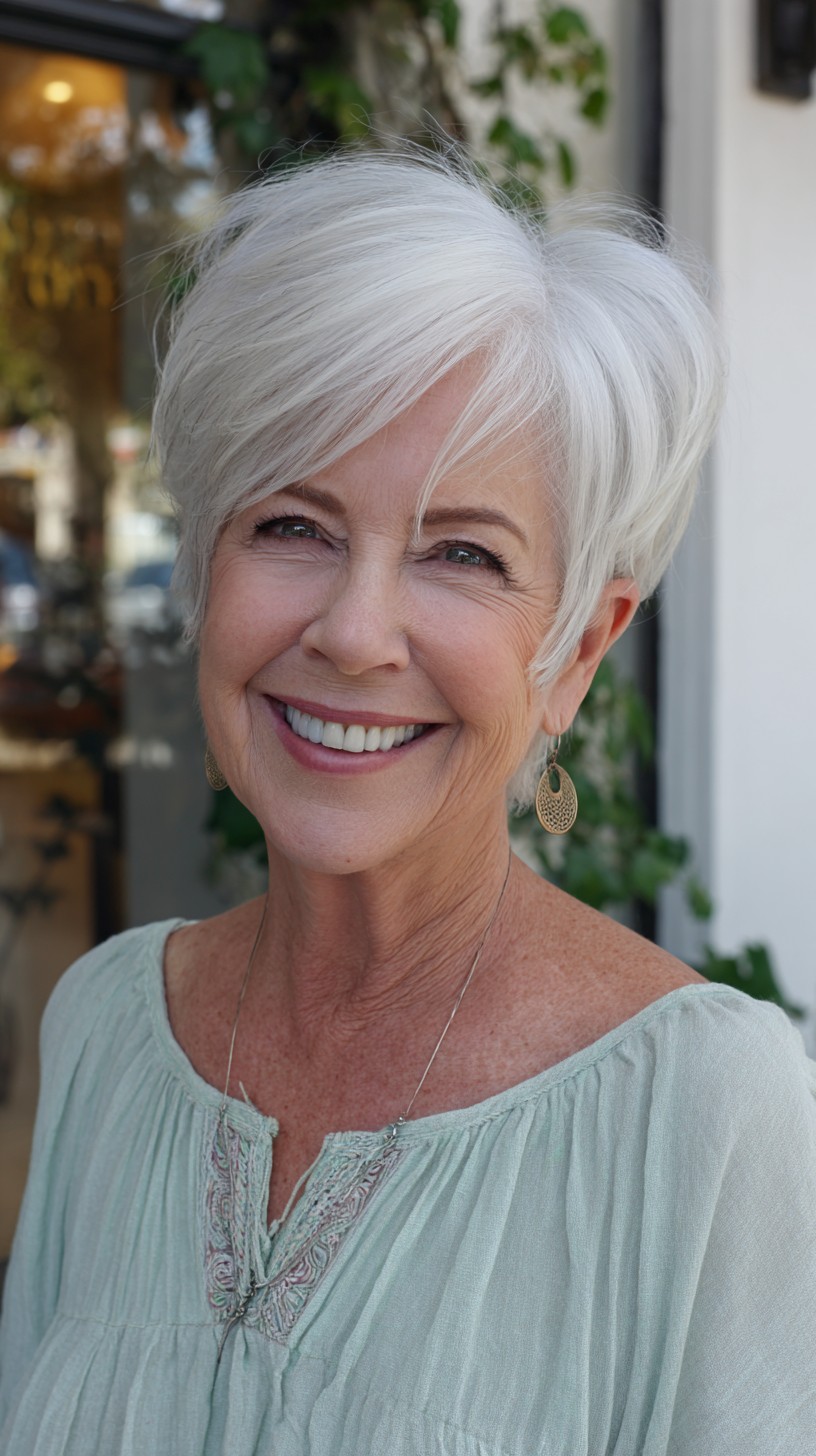Soft Silver Textured Pixie Shag with Long Side-Swept Fringe