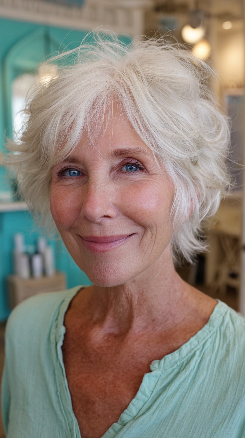 Soft White Short Shag with Feathered Side Bangs