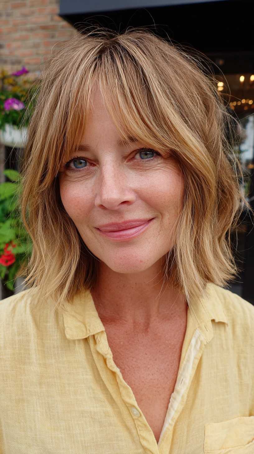 Sunlit Ash-Blonde Chin-Grazing Bob with Feathered Curtain Bangs