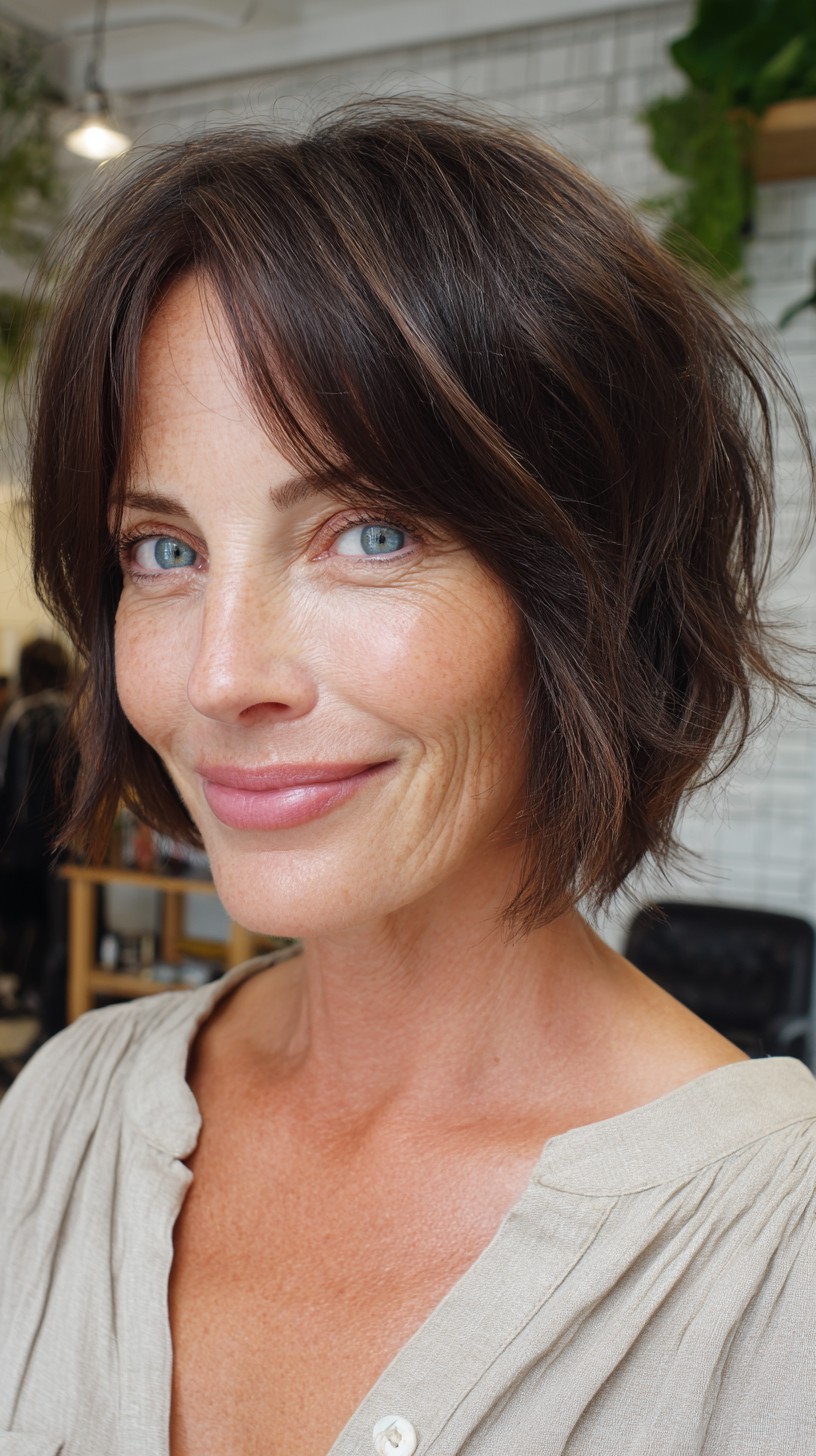 Textured Chocolate Chin-Length Bob with Sheered Curtain Bangs and Subtle Balayage