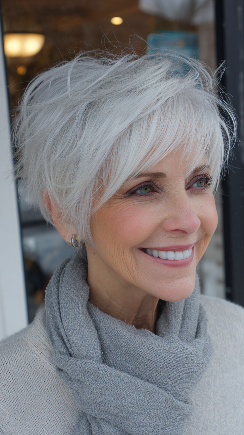 Textured Silver Pixie Cut with Wispy Layers