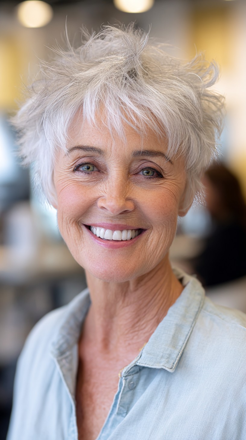 Textured White Pixie Shag with Lifted Crown and Micro-Fringe