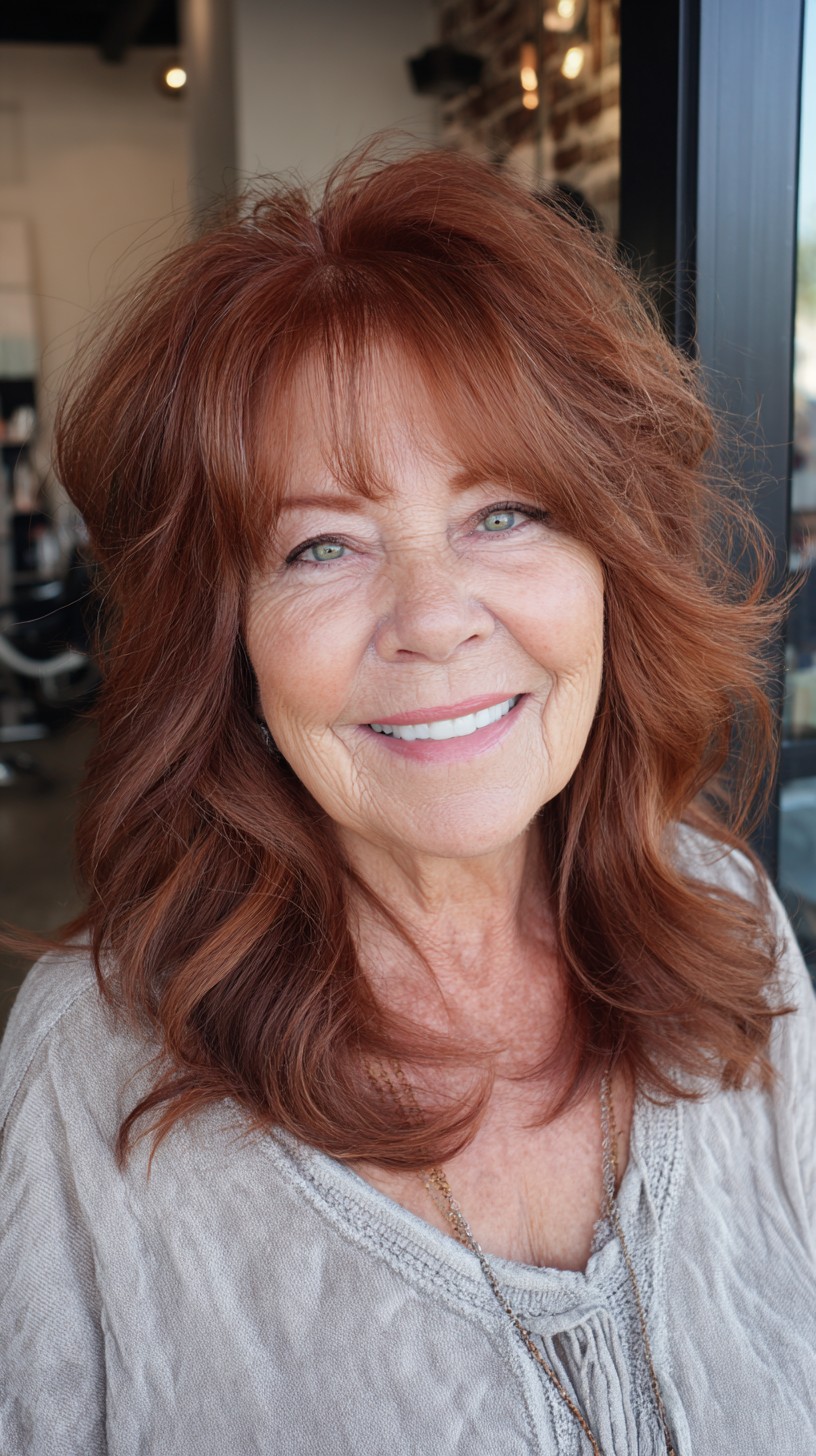 Voluminous Copper Feathered Shag with Wispy Micro-Bangs