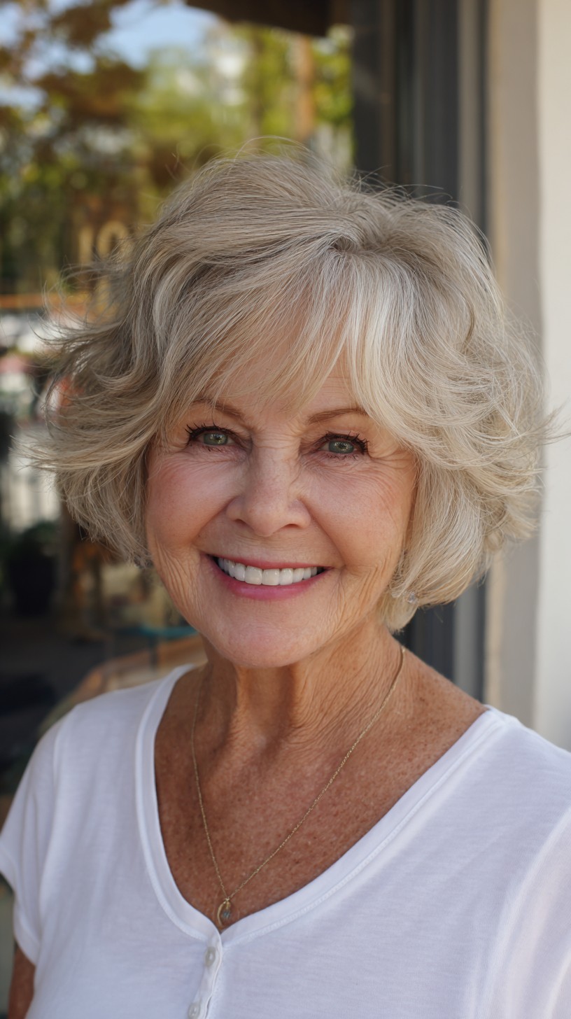 Voluminous Silver Short Shag with Lifted Crown and Feathered Curtain Fringe