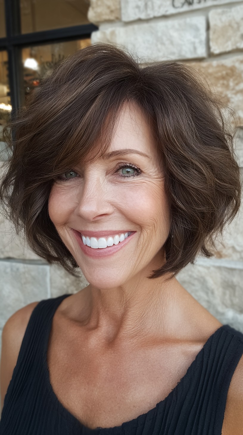 Voluminous Textured Chin-Length Shag with Side-Swept Fringe