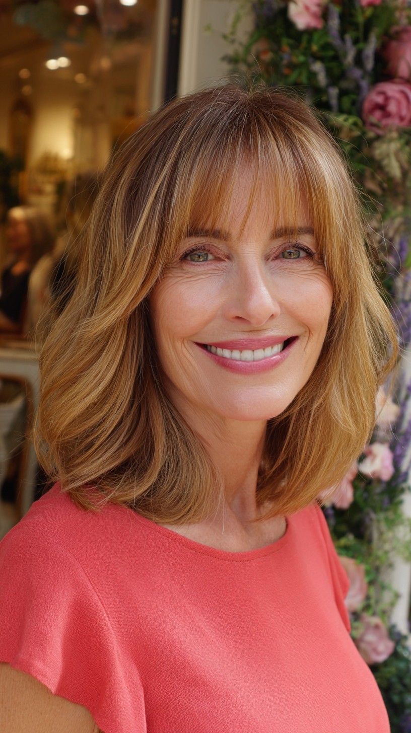 Warm Caramel Layered Shoulder-Length with Soft Micro-Bangs