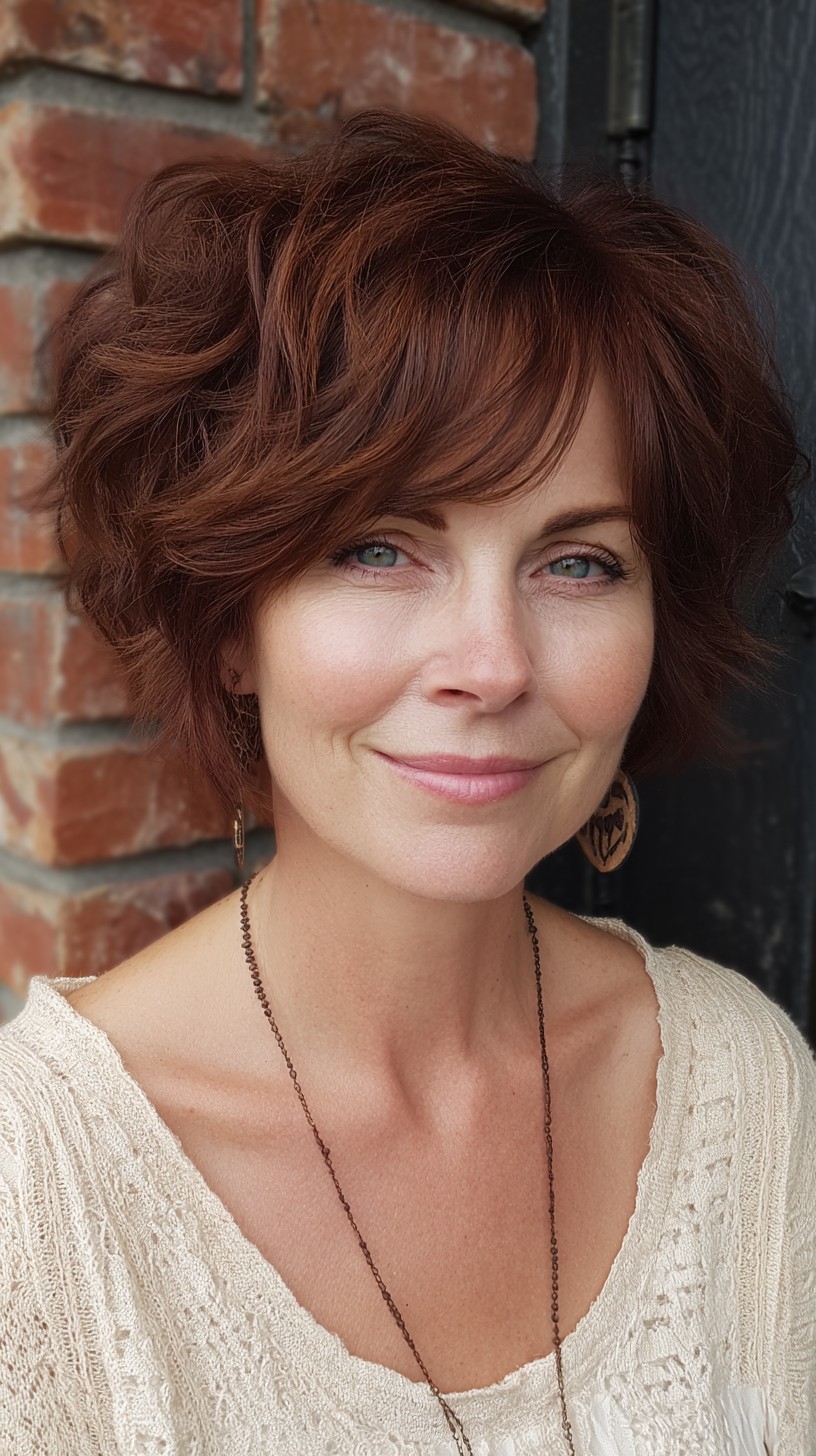 Auburn Crown-Lifted Short Shag with Side-Swept Fringe