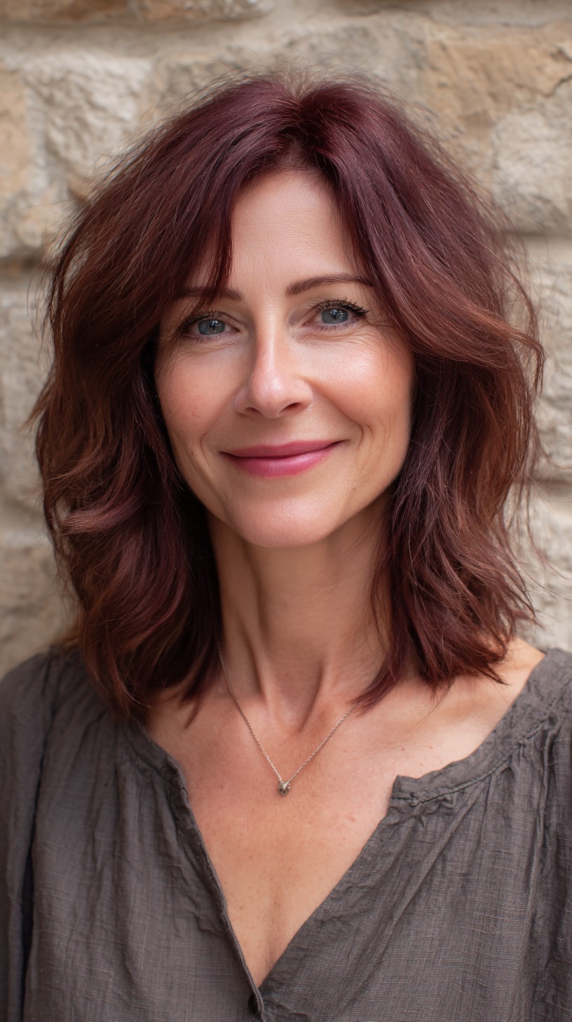 Auburn Textured Shoulder-Length Shag with Curtain Layers
