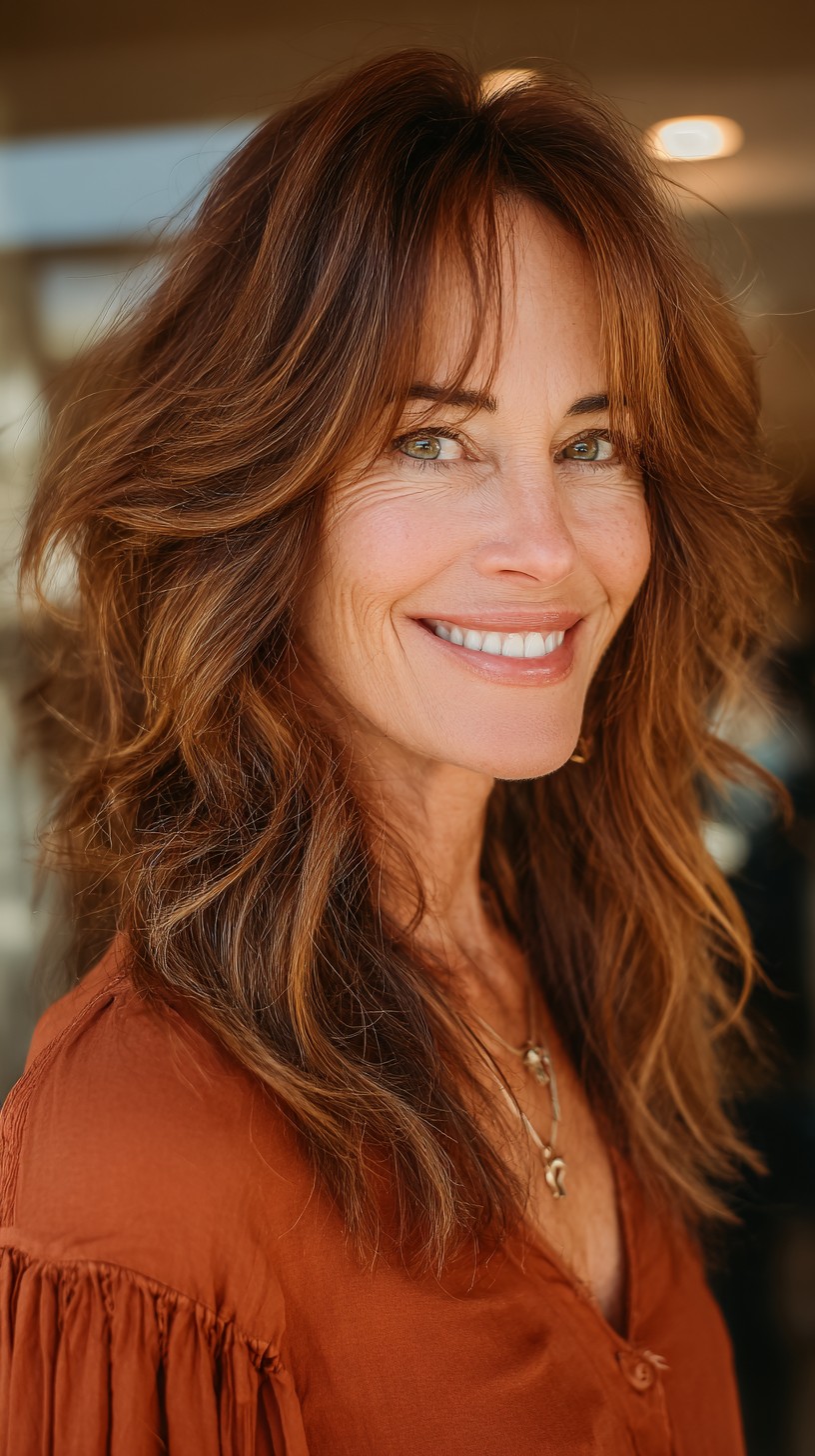 Brunette Shag with Subtle Caramel Babylights and Lifted Crown