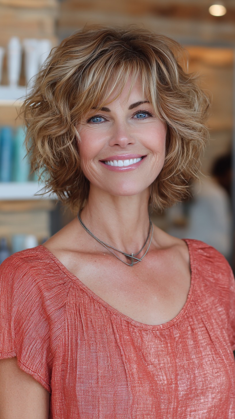 Caramel-Blonde Layered Shag with Lifted Crown and Wispy Fringe