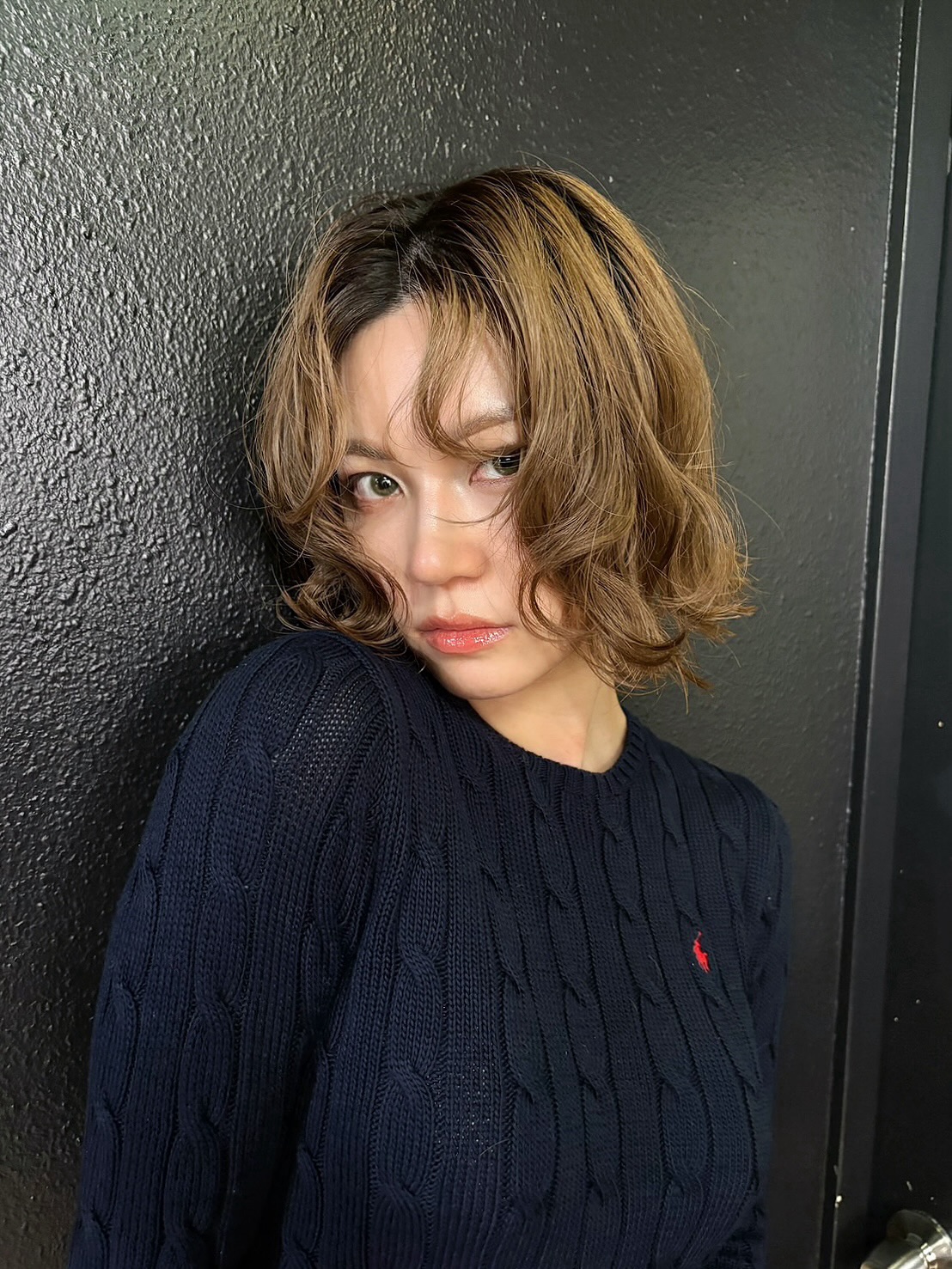 Caramel Textured Chin-Length Bob with Subtle Root Shadow