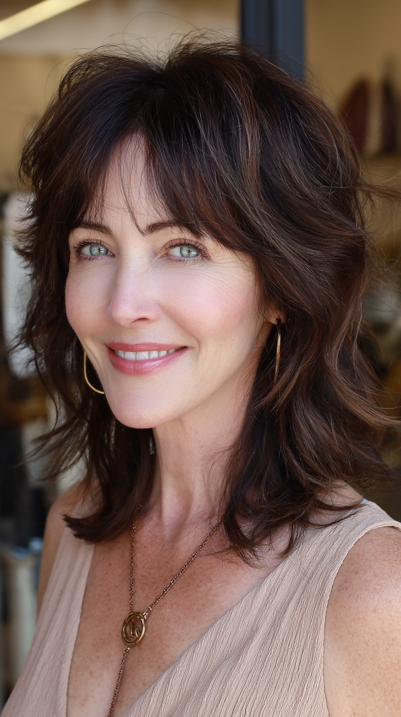 Chestnut Shoulder-Length Shag with Feathered Curtain Fringe and Crown Lift
