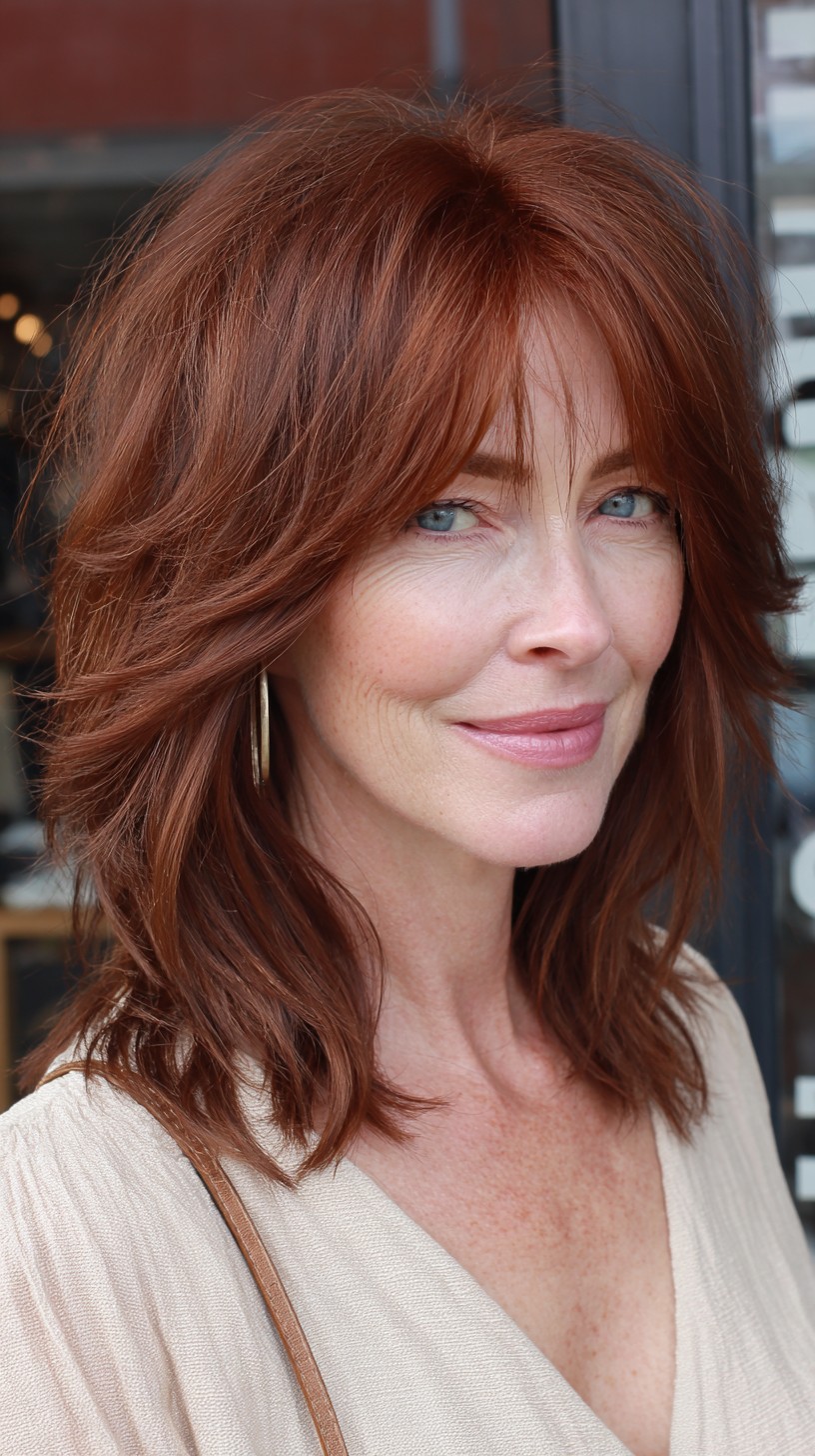 Copper-Red Mid-Length Soft Shag with Airy Curtain Fringe