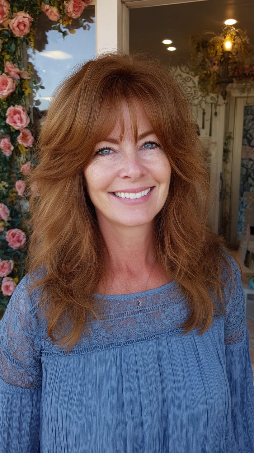 Copper Shoulder-Length Shag with Lifted Crown and Curtain Fringe