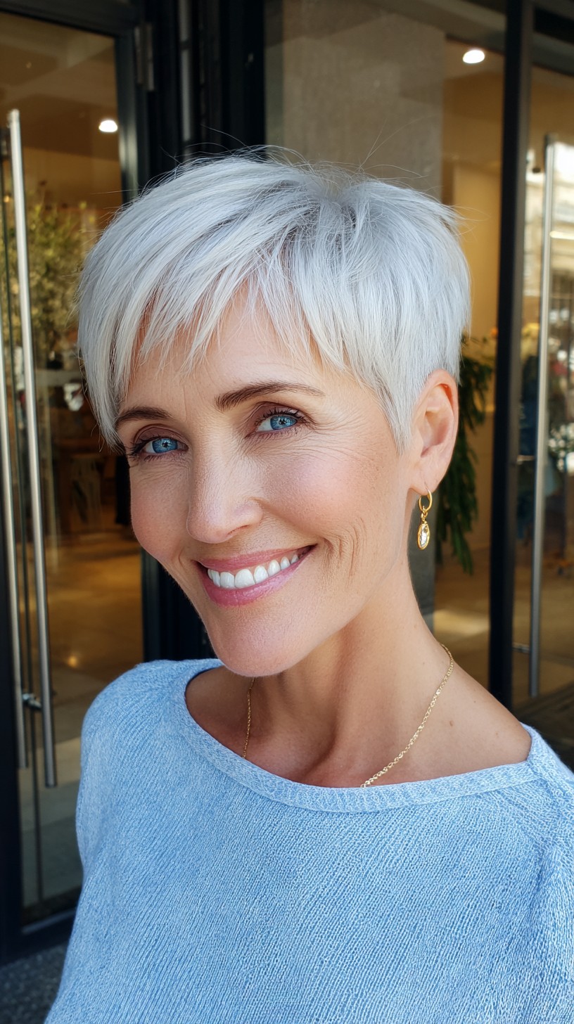 Crisp Platinum Pixie with Soft Feathered Fringe