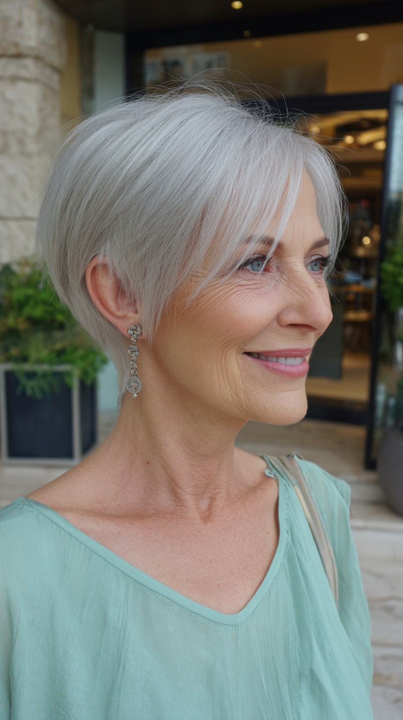 Crisp Silver Stacked Pixie-Bob with Side-Swept Fringe