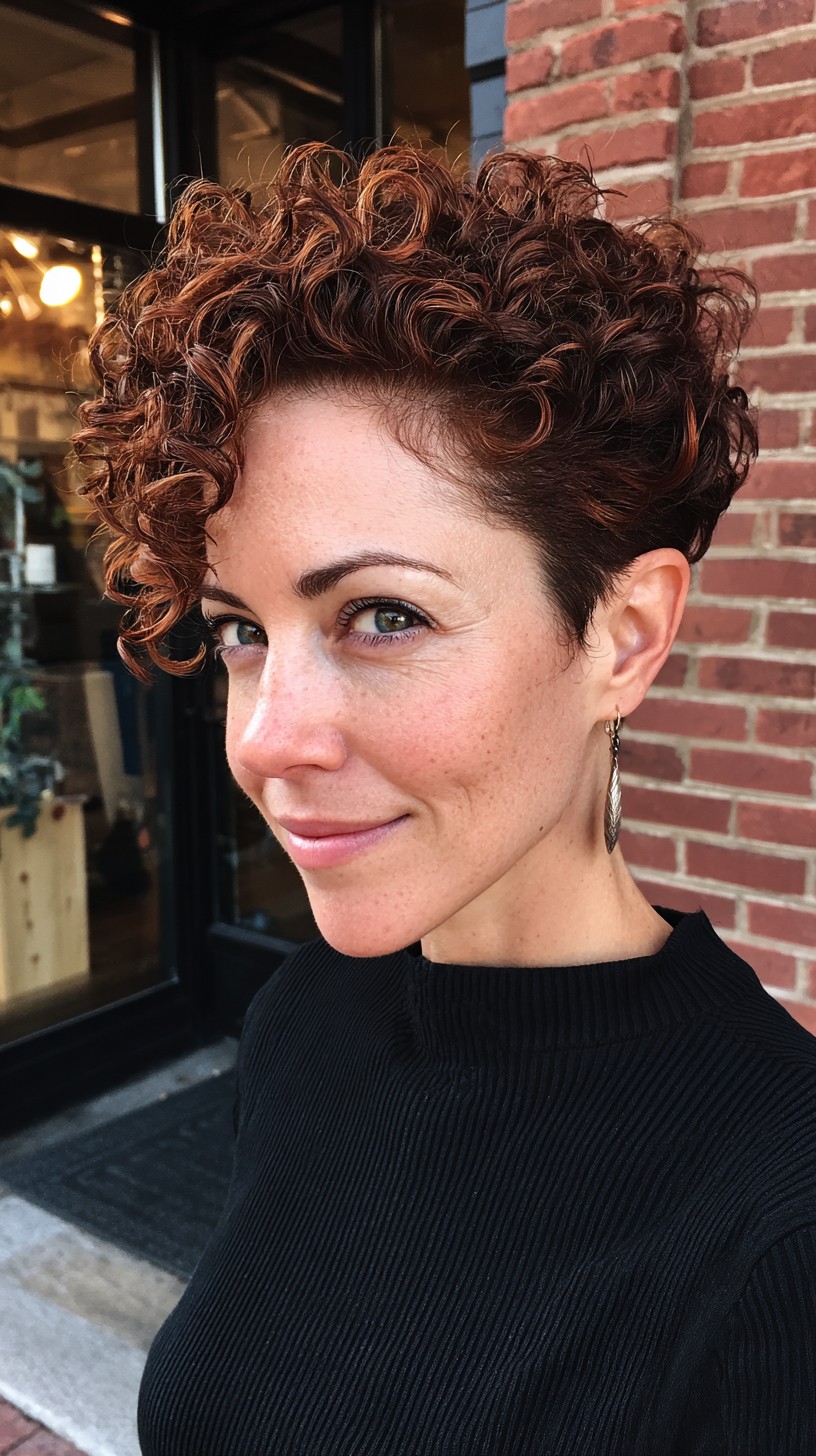 Curly Copper Pixie with Tapered Sides and Defined Ringlets