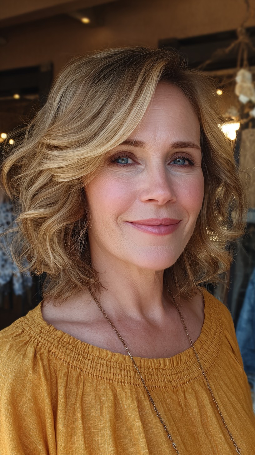 Golden Face-Framing Shoulder-Length Shag with Root Shadow