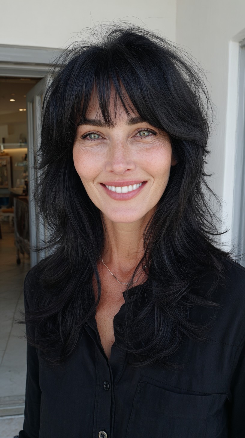 Jet-Black Mid-Length Shag with Feathered Fringe and Lifted Crown