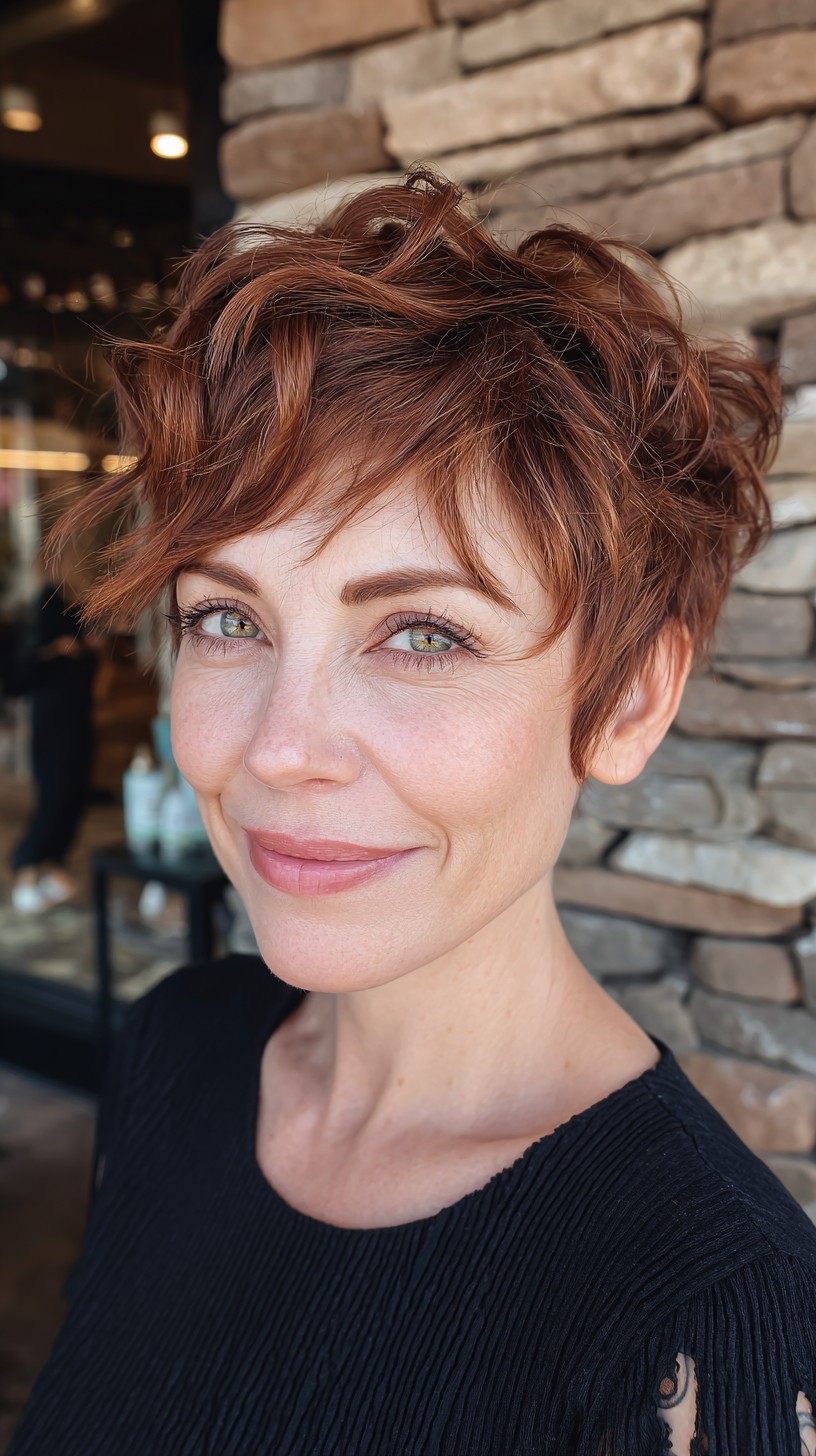 Piecey Copper Pixie with Textured Crown and Soft Short Fringe