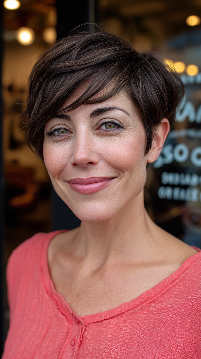 Short 90s Pixie with Long Diagonal Sweep and Soft Taper